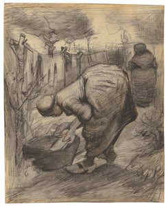 带有花园洗手盆的农民；有池塘的农民妇女在庭院里，1885年 作者 文森特·梵高