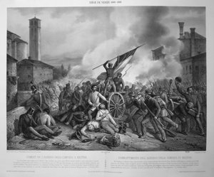 1848年10月27日，在1848-9年围攻威尼斯期间，位于梅斯特雷的阿尔贝戈-德拉-坎帕纳战役（石印）。 作者 文森佐（后）贾科梅利