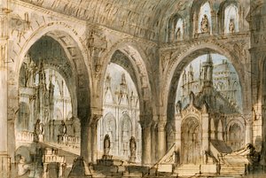 弗朗西斯科·巴尼亚拉 (Francesco Bagnara) 为文森佐·贝利尼 (1801-1835) 创作的歌剧《卡普莱蒂与蒙泰基》第四幕设计布景，在威尼斯凤凰剧院上演