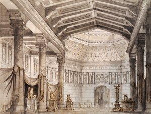 弗朗西斯科·巴尼亚拉 (Francesco Bagnara) 为文森佐·贝里尼 (1801-1835) 创作的歌剧《诺尔玛》第二场设计，在威尼斯凤凰剧院上演