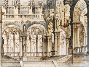 弗朗西斯科·巴尼亚拉 (Francesco Bagnara) 为文森佐·贝利尼 (1801-1835) 创作的歌剧《卡普莱蒂与蒙塔古》第三幕设计布景，在威尼斯凤凰剧院上演