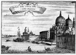 意大利，威尼斯。由建筑师Baldassare Longhena设计的Santa Maria della Salute教堂，以及海事海关。在文森佐-科罗内利（1650-1718）的 "Singolarita di Venezia "中。