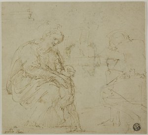 圣母与圣婴、坐像和风景素描 作者 温琴佐·塔玛尼（Vincenzo Tamagni）