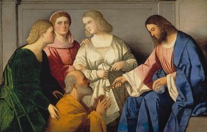 La Remise des clefs a Saint Pierre - Christ Giving the Keys to Saint Peter - Catena, Vincenzo di Biagio（约 1470-1531） - c. 1520 - 木头油画 - 86x135 - 马德里普拉多博物馆 作者 文森佐·迪比亚焦·卡特纳