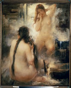 Dans un bain de vapeur (sauna) - 在蒸汽浴中 - 两名裸体年轻女子梳理头发，享受俄罗斯传统热疗的好处 - Vitali Gavrilovich Tikhov（1876-1939）的绘画，布面油画，20世纪初 - 俄罗斯艺术 - 收藏 作者 维塔利·格夫里洛维奇·季霍夫