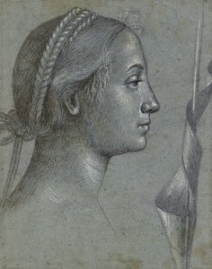 Recto：一个女人的头部，一个三角旗绕着一根杆子（黑色粉笔，棕色水洗，白色身体颜色在浅蓝灰色纸上加高） 作者 维托雷·卡尔帕乔