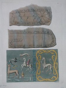 来自阿德兰的地毯和带有符文的石头，出自朱尔斯-费拉里奥的《古今服饰》，约1820年（彩色雕刻）。 作者 Vittorio Raineri
