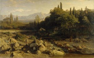 克里米亚。有河流的山区景观，1868年 作者 弗拉基米尔·多纳托维奇·奥尔洛夫斯基