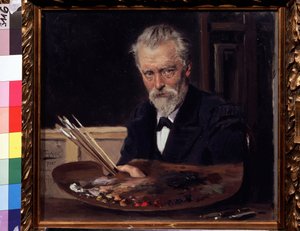 自画像。弗拉基米尔-叶戈罗维奇-马科夫斯基（马科夫斯基，Makovsky）（1846-1920 年）的绘画，纸上水彩 作者 弗拉基米尔·埃戈罗维奇·马科夫斯基