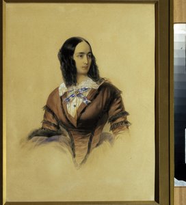 诗人亚历山大-普希金（1799-1837 年）的妻子娜塔莉-冈察洛娃（1812-1863 年）的肖像。(普希金之妻娜塔莉亚-普希金娜肖像）。弗拉基米尔-伊万诺维奇-豪（1816-1895 年）的作品，纸板水彩画