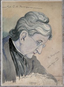 索菲亚·尼古拉耶夫娜·戈利岑伯爵夫人 (1851-1925) 的肖像，原姓 Delyanova - 弗拉基米尔·米哈伊洛维奇·戈利岑 (1847-1932) 的作品，纸板上的水粉画 (21x18.4 厘米) 作者 弗拉基米尔·米哈伊洛维奇·戈利岑