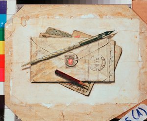 一封信和扑克牌。 静物。 弗拉基米尔·巴甫洛维奇·索科洛夫（Vladimir Pavlovich Sokolov，1860-1913 年）的作品，纸上水彩。 俄罗斯艺术 作者 弗拉基米尔·巴甫洛维奇·索科洛夫