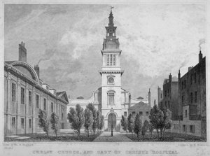 新门街基督教堂的西视图，以及基督医院的一部分，伦敦市，1830年 作者 WS威尔金森