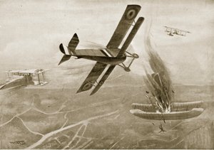 1915年7月25日，霍克船长与三架德国飞机的空中战斗，来自“国家历史”的插图