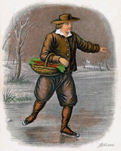 1809年，荷兰男子与一篮子蔬菜滑冰。