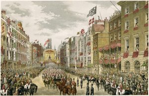 英国伦敦斯特兰德街圣殿酒吧区的游行（彩色雕刻） 作者 罗素