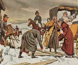 路易丝王后逃往梅梅尔，1807 年 1 月 5 日（增强型彩色石版画） 作者 瓦尔德玛·弗里德里希