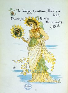 向日葵花（太阳）化身为穿着黄色和绿色衣服的年轻女子。 《弗洛拉的盛宴》中的第 36 版，由沃尔特·克兰 (Walter Crane)（1845-1912 年）撰写和插图。 1889 年。大英图书馆机构参考号：书架标记 ID：11651.I.21。 