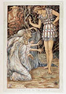 Persee and the Graia (Beotie, 希腊) - 他在 Walter Crane (1845-1915) 所著的““女孩和男孩的奇迹书”中遇到了三个老妇人（女巫？） 作者 沃尔特克兰