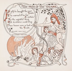 The Man＆The Snake，来自Aesops Fables，酒吧的插图。 1887年