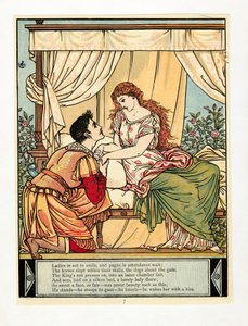 王子唤醒美人，出自《蓝胡子画册》，出版。1879年彩色石版画，1879年。 作者 沃尔特克兰