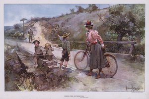 咨询机构：骑自行车的女人向一群孩子问路（彩色石版画） 作者 沃尔特·格兰维尔·史密斯