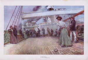 In Mid-Ocean: passengers enjoying a game of shuffleboard on board a ship (colour litho) 作者 沃尔特·格兰维尔·史密斯