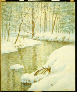 冬季溪流，日落发光（布面油画）