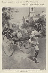 英国水手和士兵在布尔战争（石版画）的战斗平静期间乘坐人力车穿过德班的街道 作者 沃尔特·佩吉特