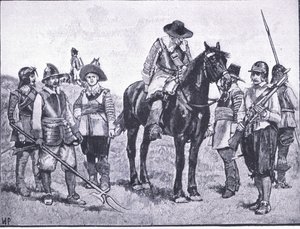 克伦威尔士兵的类型，插图来自 Waverley 出版的《英国人民的历史》，约 1940 年（石版画） 作者 沃尔特·佩吉特