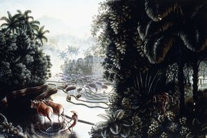 查看萨瓦人（Sawahs）到古隆阿贡（Gunung Agung）的景色c。 1937-1939（船上油）