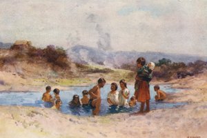 新西兰：在热水池中（彩色石版画）
