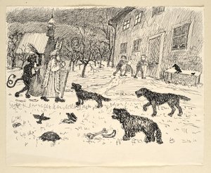 圣尼古拉斯和 Krampus 与孩子们一起在乡村游玩 作者 瓦尔特·加梅里斯