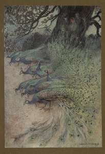 插图 11："成百上千羽饰华丽的孔雀来到堤岸上吃凯子"，选自《孟加拉民间故事》...配有沃里克-戈布尔绘制的 32 幅彩色插图。(豪华版）。 作者 沃里克·戈布尔