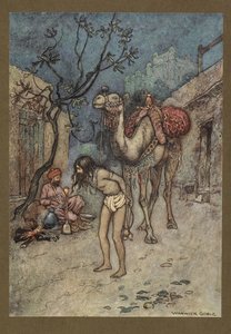 图 16："赶骆驼的人下了骆驼，把骆驼拴在树上，开始抽烟。" 《孟加拉民间故事》...配有沃里克-戈布尔绘制的 32 幅彩色插图。(豪华版）。 

1914