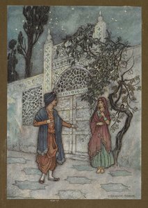 图版 2："王子苏醒过来，走着走着，看到大门附近有一个人影"，选自《孟加拉民间故事》...附沃里克-戈布尔绘制的 32 幅彩色插图 作者 沃里克·戈布尔