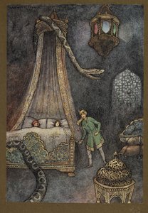 图版 3："他冲出藏身之处，杀死了大蛇"，选自《孟加拉民间故事》...配有沃里克-戈布尔绘制的 32 幅彩色插图。(豪华版） 作者 沃里克·戈布尔