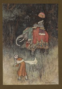 图版 8："突然，一头披着华丽外衣的大象穿过他的道路"，选自《孟加拉民间故事》...附沃维克-戈布尔绘制的 32 幅彩色插图（豪华版） 作者 沃里克·戈布尔