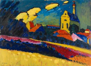 穆尔瑙的研究 - 有教堂的风景，1909年。 作者 瓦西里·康定斯基