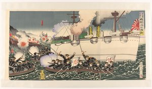 日本军队在鸭绿江附近海战中的伟大胜利
日本海軍大勝利Ôryokkôkko kaisen（物件上的標題）