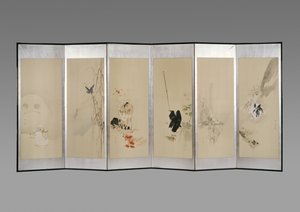 折叠屏幕：十二个月的鲜花，c.1900（纸上的墨水和颜色） 作者 渡边页伊