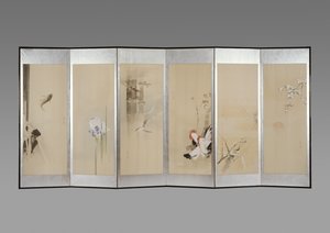 一对折叠屏幕：十二个月的鲜花，c.1900（纸上的墨水和颜色） 作者 渡边页伊
