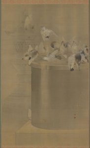 Senjoji（Asakusa Kannon Temple）明治时代的鸽子，1877年（丝绸上的墨水和颜色） 作者 渡边页伊