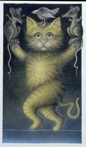 走钢丝的猫，与鸟和老鼠平衡（纸上铅笔和彩色蜡笔）