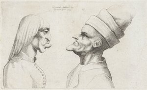 直发女和双檐帽男变形头 Varie Figurae et probae（系列标题） 列奥纳多·达·芬奇之后的漫画、头像和畸形（系列标题） 作者 达芬奇（Leonardo da Vinci）