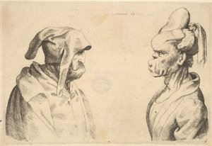 彼此面对的两个变形的头部，1625-77。 作者 瓦茨劳斯·霍拉尔