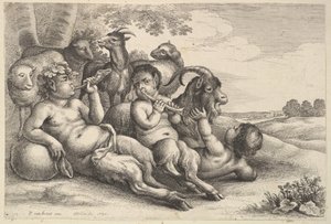 两个年轻的萨提尔和一个男孩，1647年。 作者 瓦茨劳斯·霍拉尔