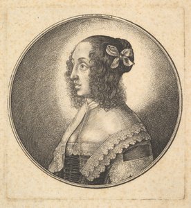 左边有黑发和蝴蝶结的女人的侧面，1642年。 作者 瓦茨劳斯·霍拉尔