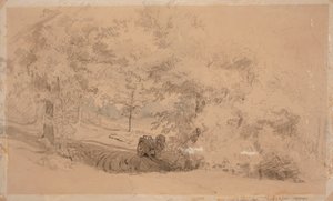 有马车的森林风景；森林风景，男子在溪流上的桥上钓鱼（双面作品） 作者 维尔纳·霍尔姆伯格