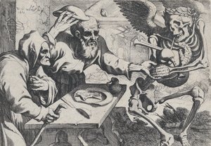吹风笛的老夫妇和死亡，1612年。 作者 Werner Jacobsz。范登瓦尔克特